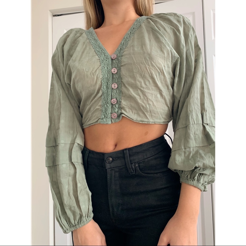 Free People Green Cropped Long Sleeve